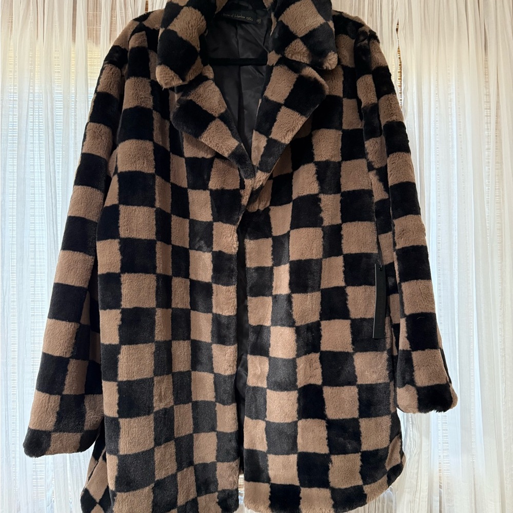 Revolve House of Harlow Black and Brown Checkered Women's Faux Fur Coat